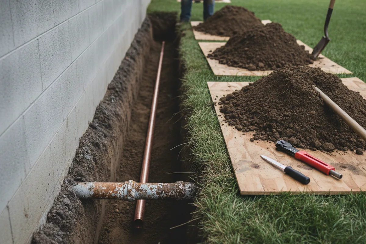 Excavated water line trench during Water Heater Repair in Forked River